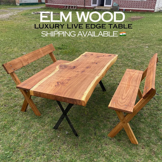 ELM Wood Outdoor Live Edge Table with Seating Benches