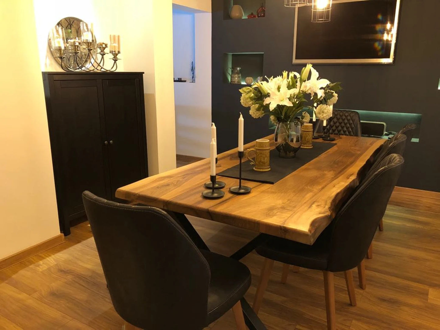 Custom Live Edge Walnut Dining Table with Bench